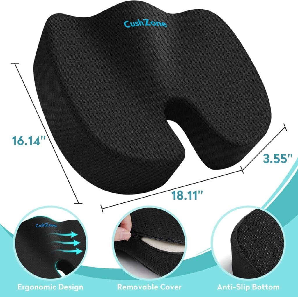 CushZone Gel Seat Cushion Office Chair Cushion for All-Day Sitting - Coccyx, Tailbone, Back Pain Relief Cushion - Ergonomic Seat Cushion for Office Chairs, Car Seat, Gaming Chair - Black,X-Large