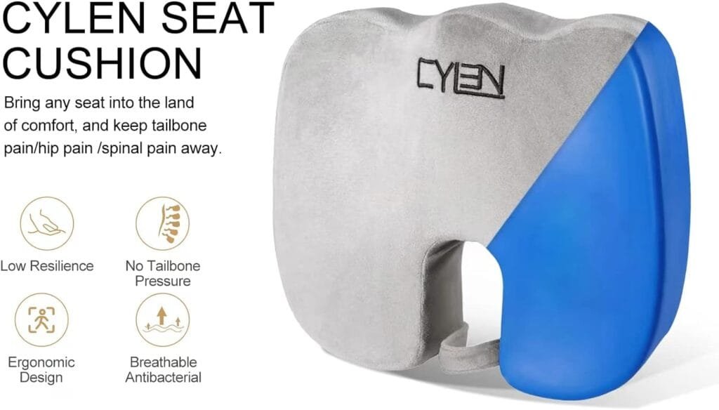 CYLEN Home Office Seat Cushion - Comfort Memory Foam Chair Cushion with Cooling Gel Infused for Tailbone, Coccyx, Back  Sciatica Pain Relief (Grey)