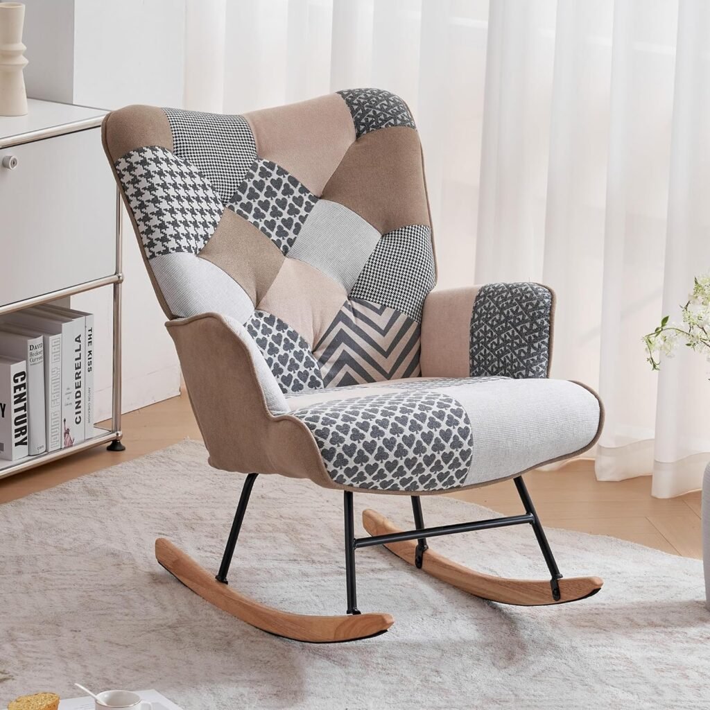 DAICO Rocking Chair Indoor Accent Chair with High Backrest Wooden Base Upholstered Glider Rocker Armchair for Baby Nursery Colorful Plaid Boho Style Patchwork for Bedroom, Living Room