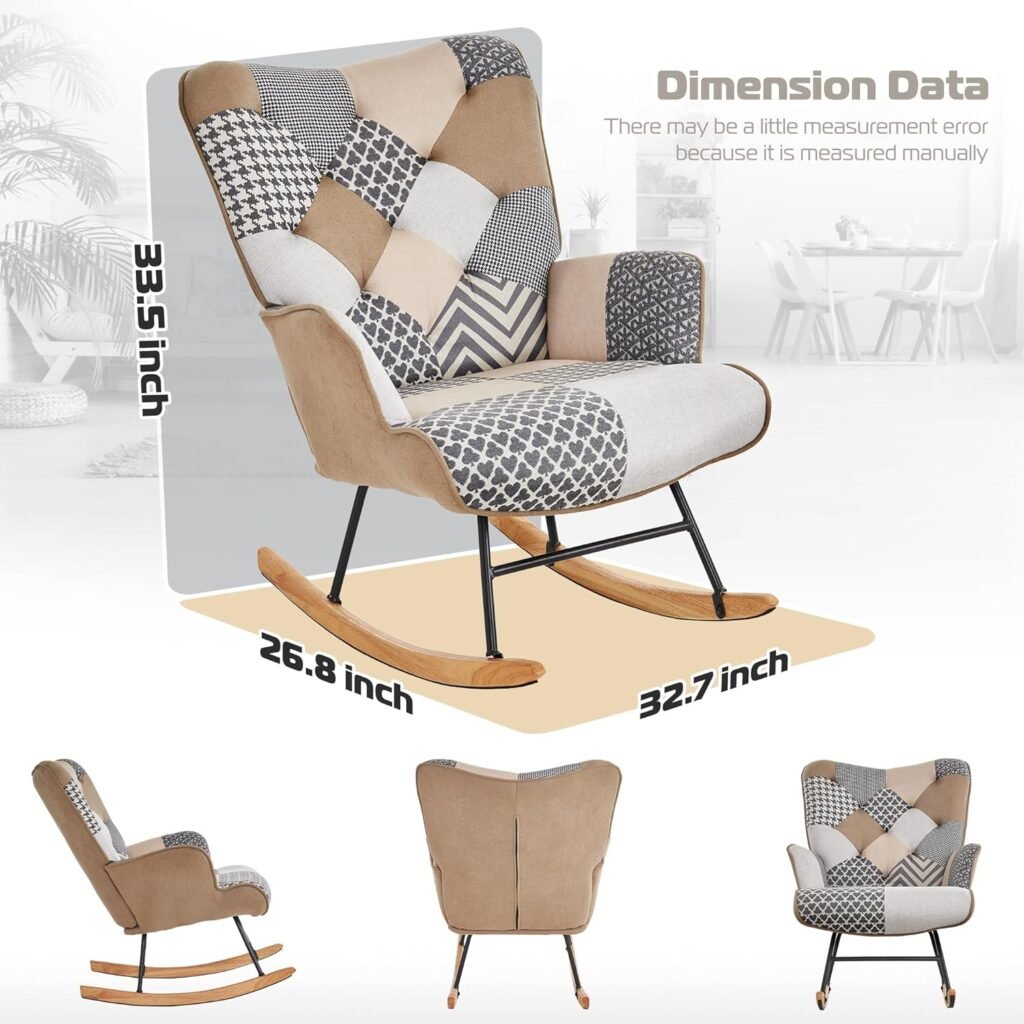 DAICO Rocking Chair Indoor Accent Chair with High Backrest Wooden Base Upholstered Glider Rocker Armchair for Baby Nursery Colorful Plaid Boho Style Patchwork for Bedroom, Living Room