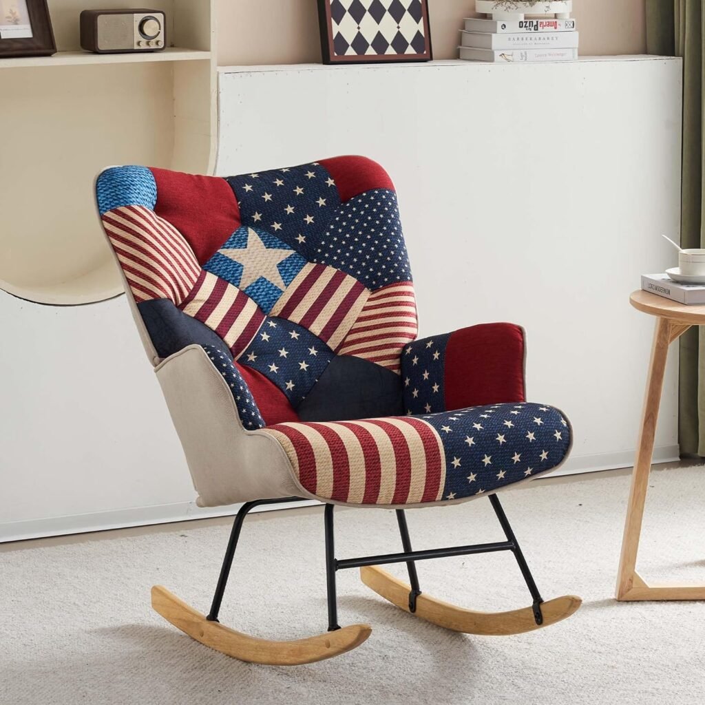 DAICO Rocking Chair Indoor Accent Chair with High Backrest Wooden Base Upholstered Glider Rocker Armchair for Baby Nursery Colorful Plaid National Flag Patchwork Design for Bedroom, Living Room