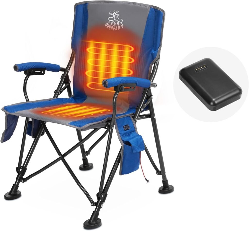 DEERFAMY Heated Camping Chair with 15000 mah 12V Battery Pack,Heated Back  Seat, 3 Heat Levels,with Cup Holder, Rich Pockets, Travel Bag for Camp and Outdoors Sports, Supports 330 lbs,Blue