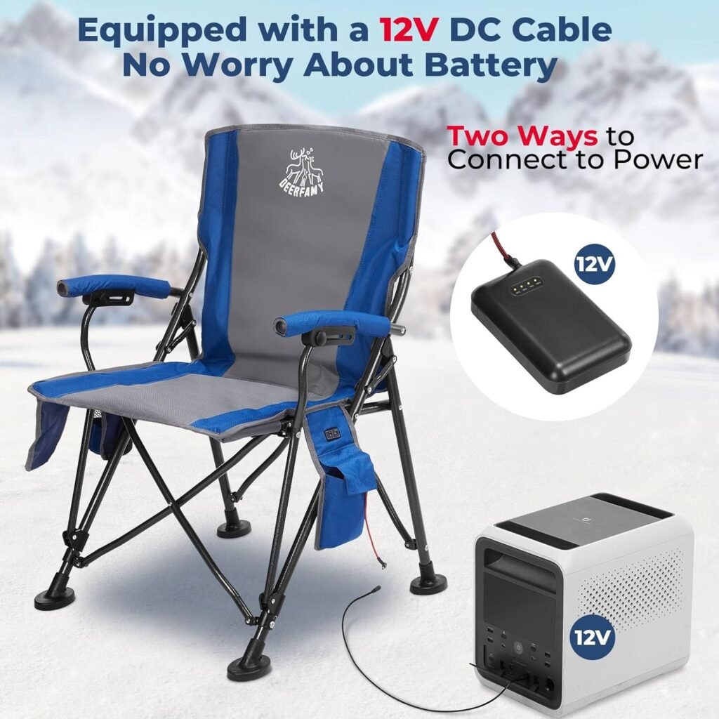 DEERFAMY Heated Camping Chair with 15000 mah 12V Battery Pack,Heated Back  Seat, 3 Heat Levels,with Cup Holder, Rich Pockets, Travel Bag for Camp and Outdoors Sports, Supports 330 lbs,Blue