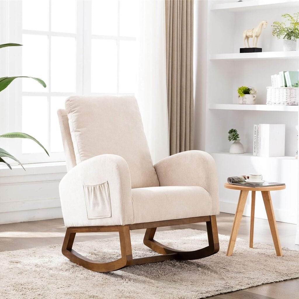 Dolonm Rocking Chair Mid-Century Modern Nursery Rocking Armchair Upholstered Tall Back Accent Glider Rocker for Living Room (Beige-Linen)