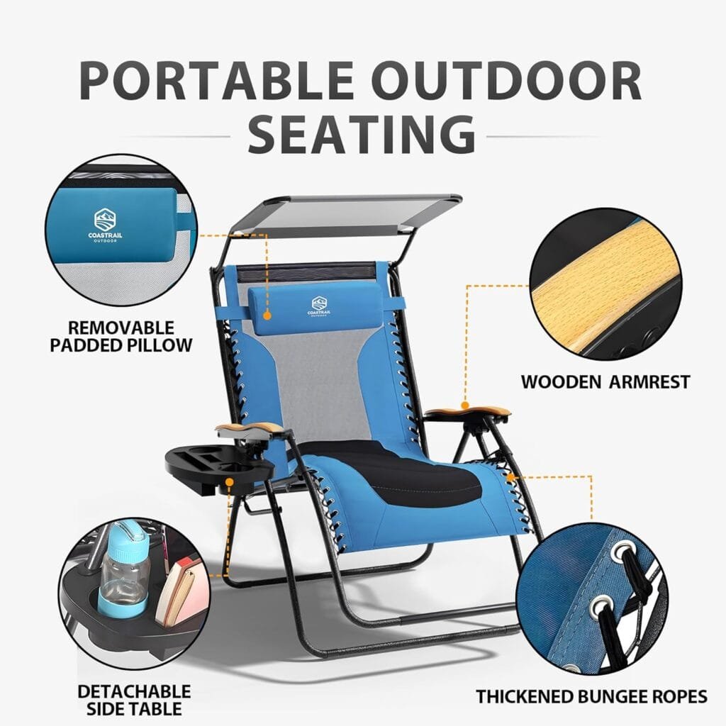 doubob Zero Gravity Chair Camping Recliner Folding Outdoor Patio Lawn Adjustable Lounge Chair with Canopy Shade, Headrest, Side Drink Tray Blue