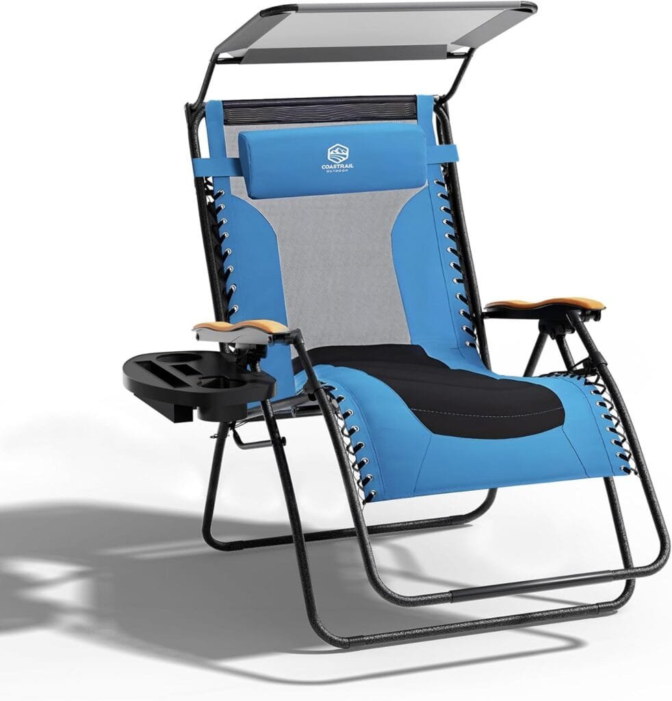 doubob Zero Gravity Chair Camping Recliner Folding Outdoor Patio Lawn Adjustable Lounge Chair with Canopy Shade, Headrest, Side Drink Tray Blue