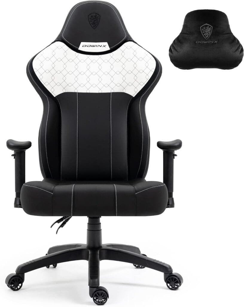 Dowinx Cross Legged Gaming Chair with Gravity Locking Wheels, High Back PU Leather Computer Chair for Heavy People, Big and Tall Game Chair with Lumbar Support(White)