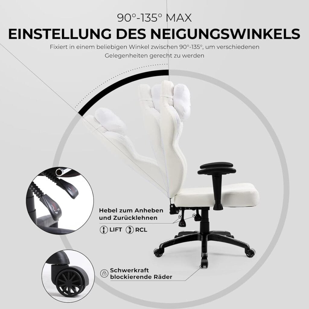 Dowinx Cross Legged Gaming Chair with Gravity Locking Wheels, High Back PU Leather Computer Chair for Heavy People, Big and Tall Game Chair with Lumbar Support(White)