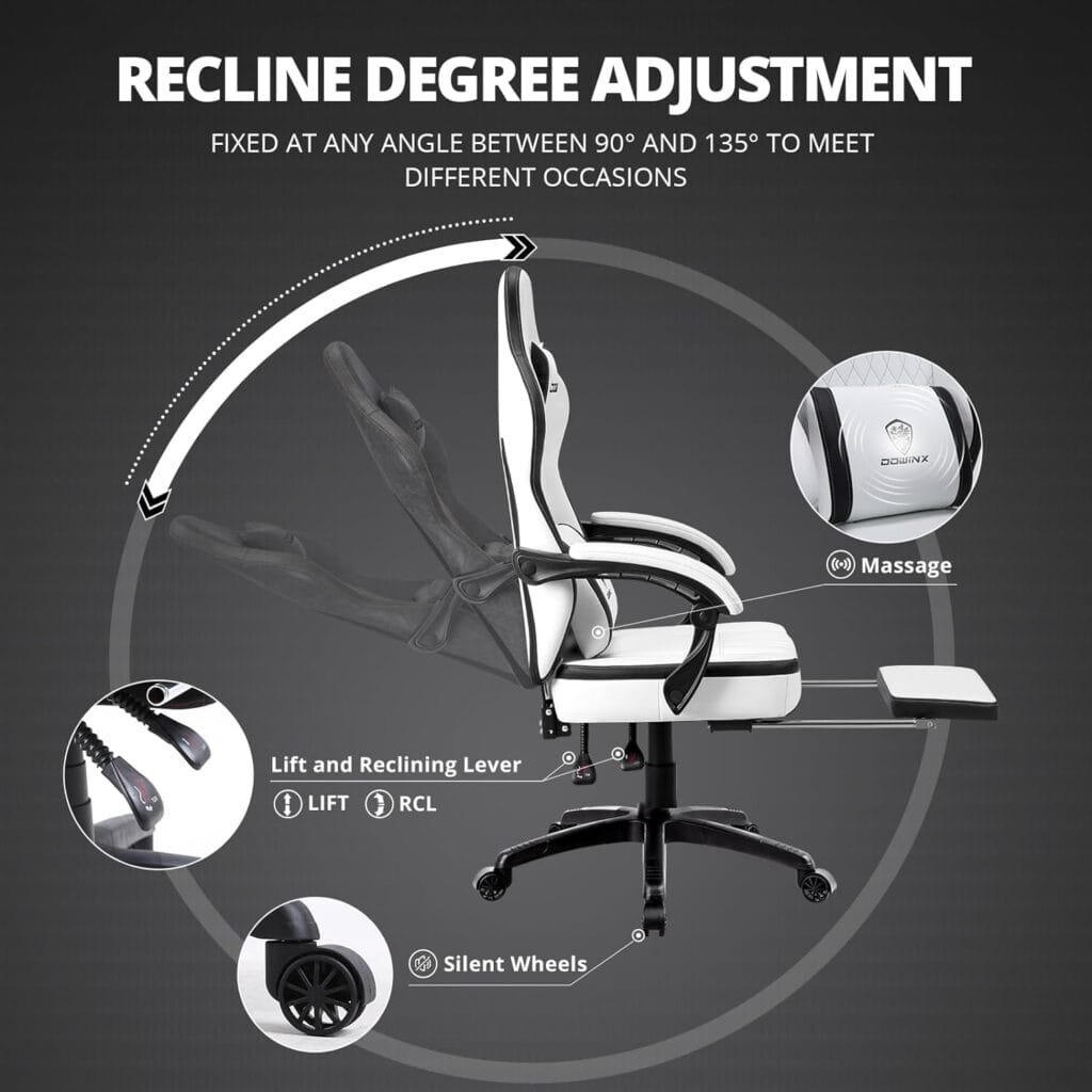 Dowinx Gaming Chair Breathable PU Leather Gamer Chair with Pocket Spring Cushion, Ergonomic Computer Chair with Massage Lumbar Support,Adjustable Swivel Task Chair with Footrest(BlackWhite)