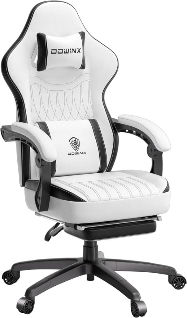 Dowinx Gaming Chair Breathable PU Leather Gamer Chair with Pocket Spring Cushion, Ergonomic Computer Chair with Massage Lumbar Support,Adjustable Swivel Task Chair with Footrest(BlackWhite)