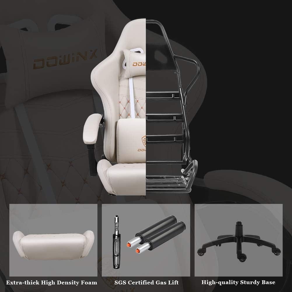 Dowinx Gaming Office, PC with Massage Lumbar Support, Vintage Style PU Leather High Back Adjustable Swivel Task Chair with Footrest (Light Grey)