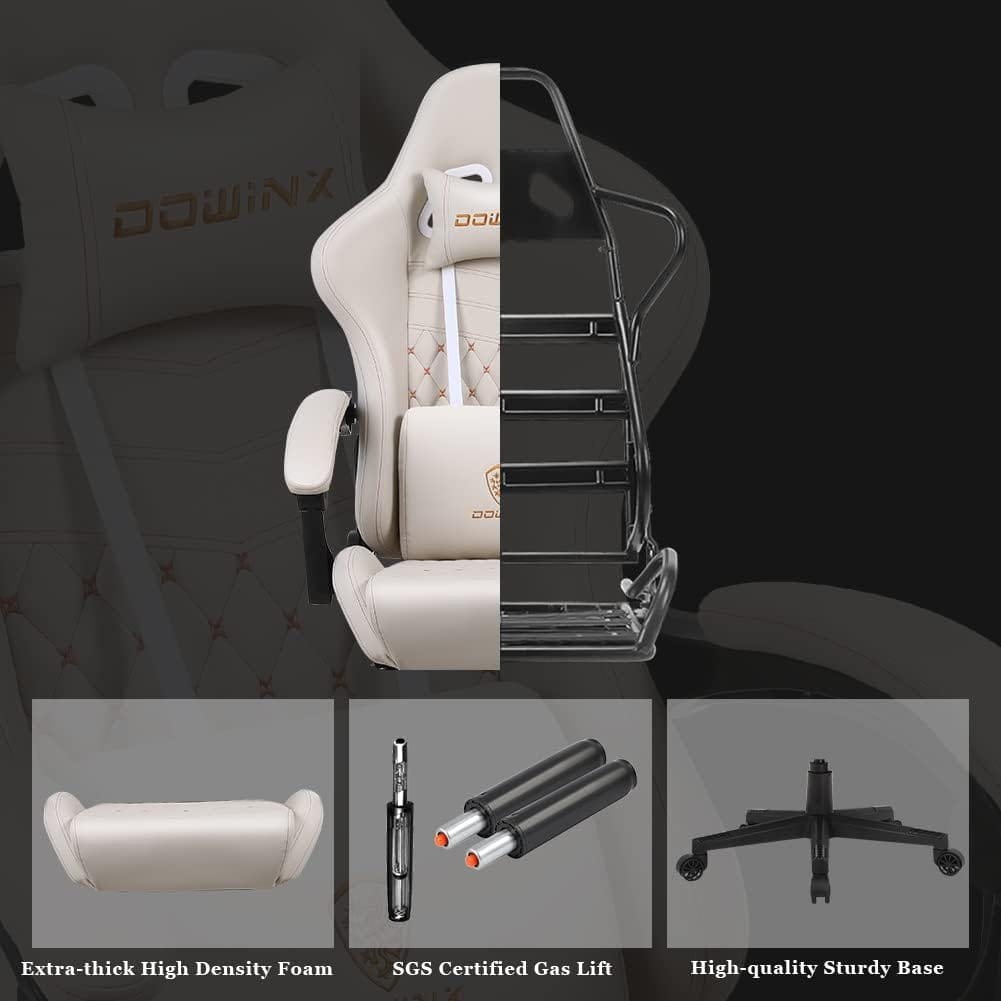 Dowinx Gaming Office, PC with Massage Lumbar Support, Vintage Style PU Leather High Back Adjustable Swivel Task Chair with Footrest (Light Grey)