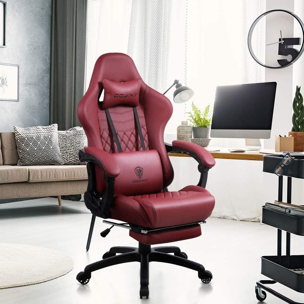 Dowinx Gaming Office, PC with Massage Lumbar Support, Vintage Style PU Leather High Back Adjustable Swivel Task Chair with Footrest (Light Grey)
