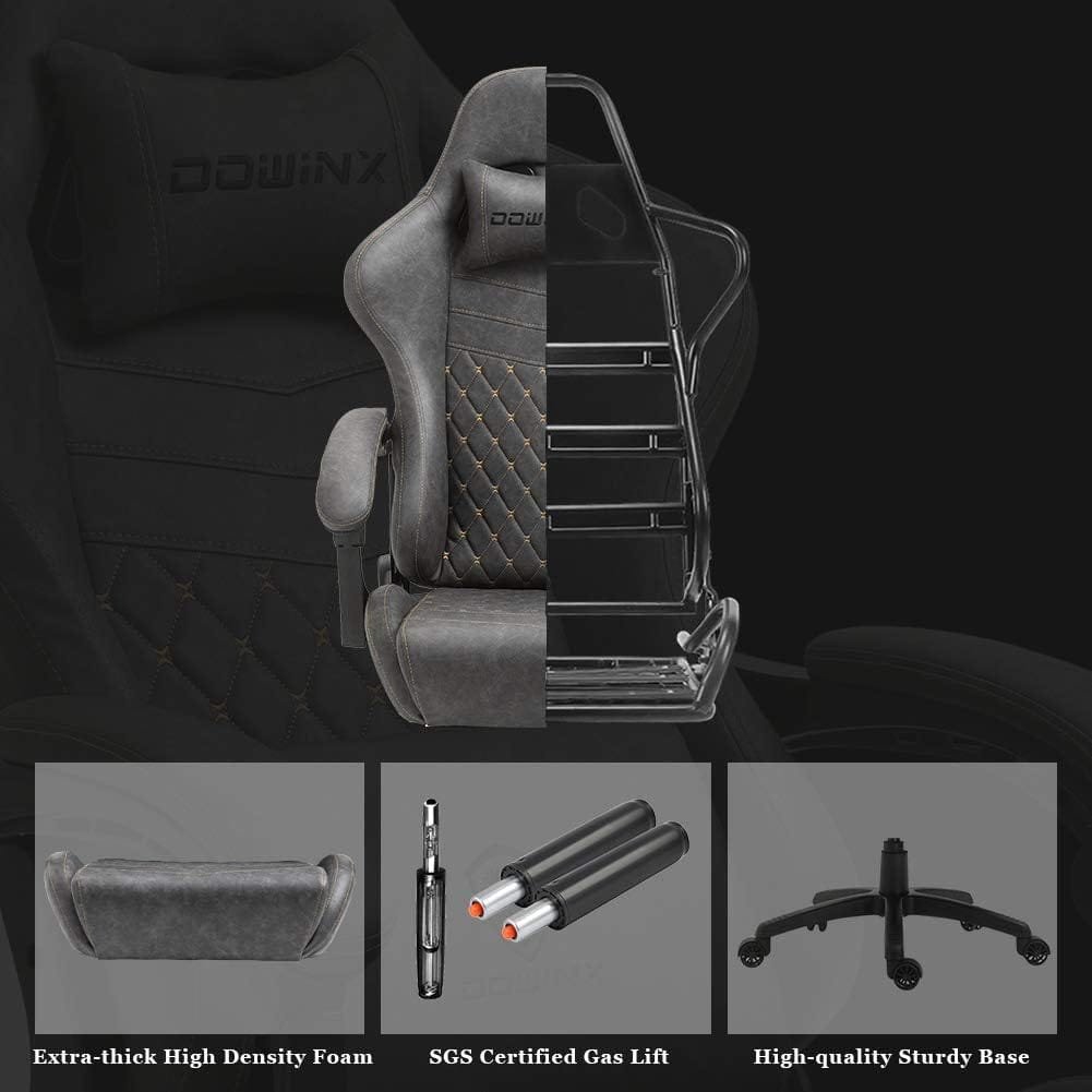 Dowinx Gaming Office, PC with Massage Lumbar Support, Vintage Style PU Leather High Back Adjustable Swivel Task Chair with Footrest (Light Grey)