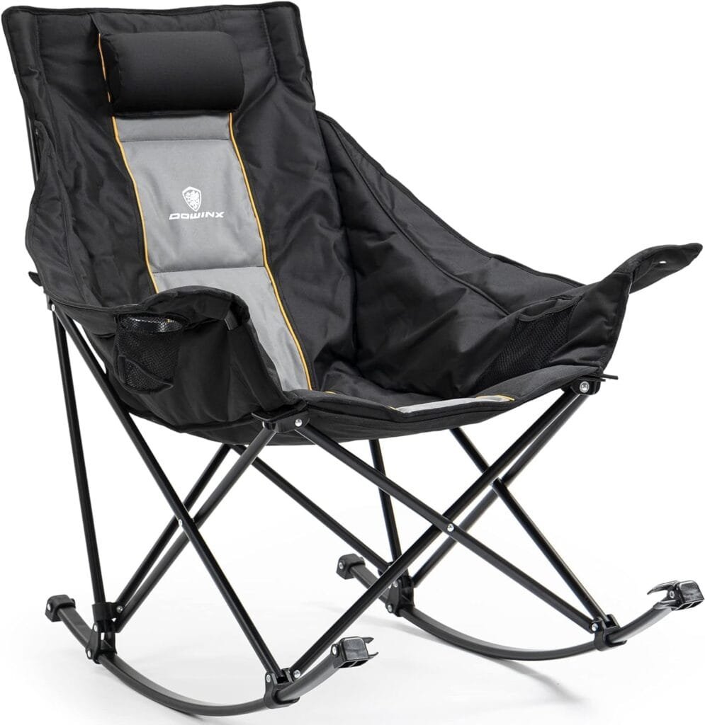 Dowinx Oversized Rocking Camping Chair, Fully Padded Patio Chair with Side Pocket and Carry Bag, High Back Portable Lawn Recliner with Headrest, Support 300 lbs, Black