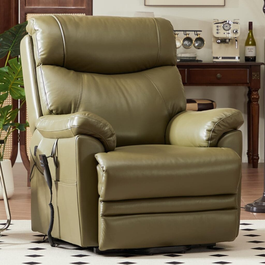 DYNOX Genuine Leather Lift Chair for Elderly with Heating and Massage, Dual Motor Lay Flat Power Lift Recliner, Infinited Adjust for Back and Footrest(Green)