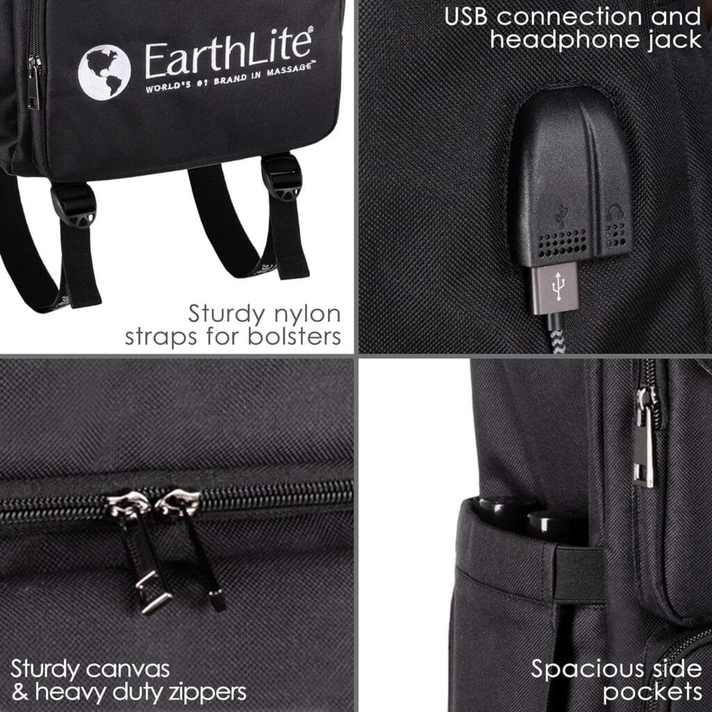 EARTHLITE LMT Go-Pack – The Ultimate Massage Therapist Travel Backpack. Water Resistant, USB Charging Port, Multiple Compartments, Black