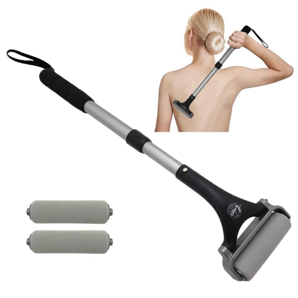 EASACE Lotion Applicator for Back  Body, Long Handle 21.5inch Adjustable Lotion Roller with 2 Replacement Roller for Back self(Silver)