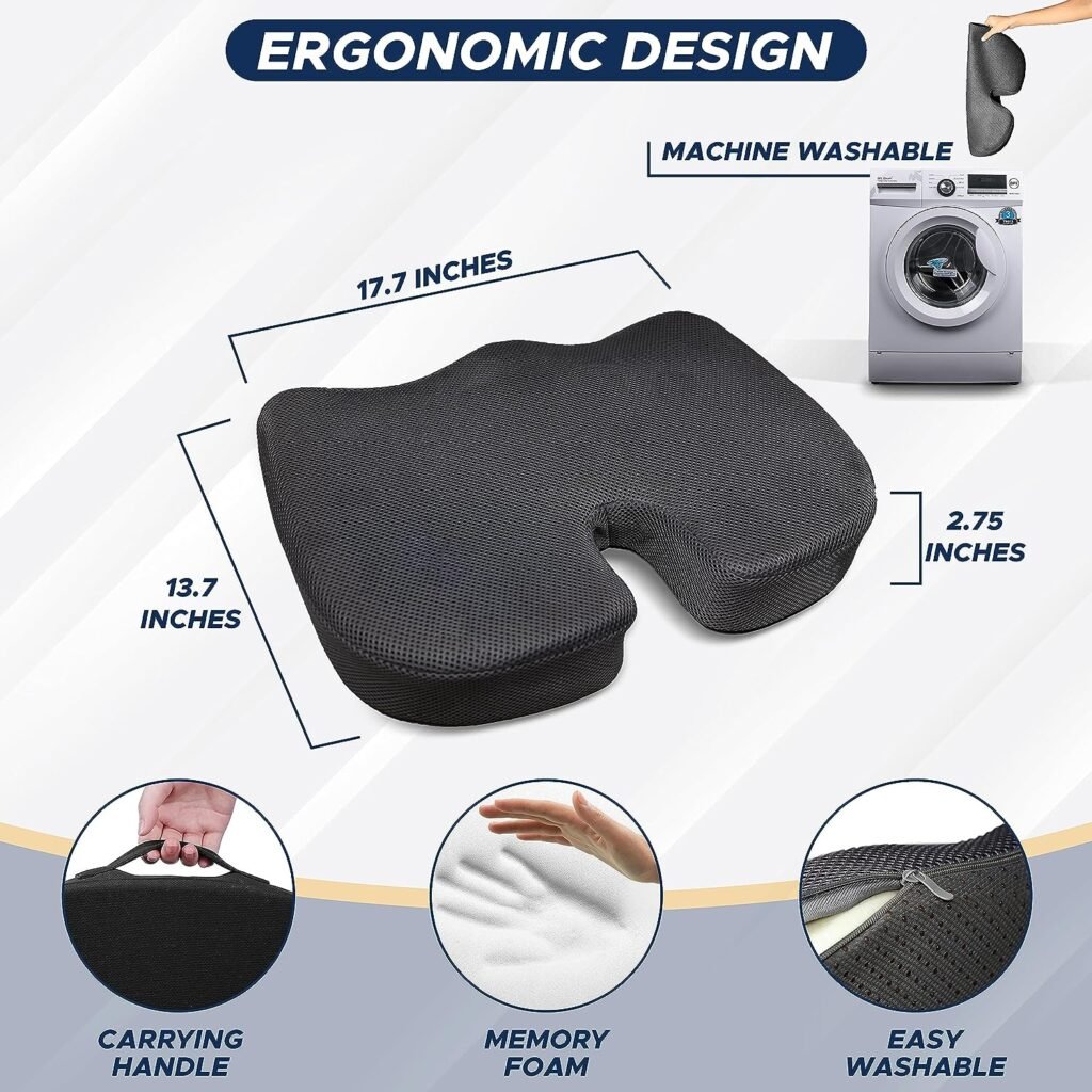 EcoNour Gel Seat Cushion for Pressure Relief | Office Chair Gel Cushion for Sciatica Pain Relief | Anti-Slip  Foam Coccyx Cushion for Tailbone  Lower Back Pain | Ergonomic Orthopedic Seat Cushions