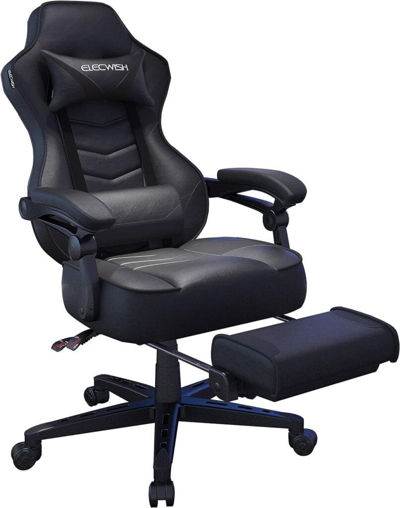 ELECWISH Gaming Chair, Reclining Computer Chair with Footrest for Adults, High Back Ergonomic Gamer Chair with Lumbar Support, Gaming Desk Chair with Headrest PU Leather (Black)