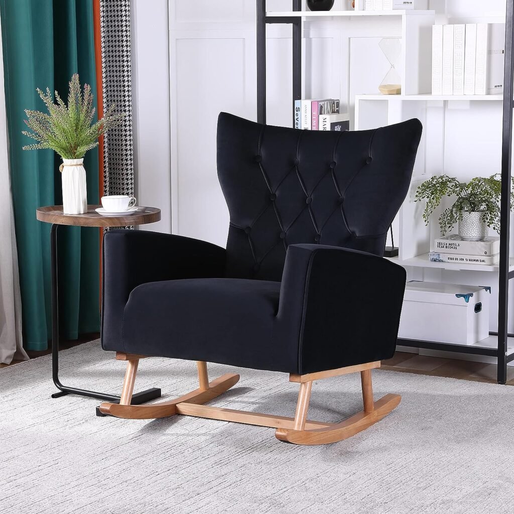 EMKK Rocking, Mid Century Velvet Upholstered Glider Rocker with High Backrest, Modern Accent Chairs Comfy SideChair for Nursery, Living Room Bedroom, Black