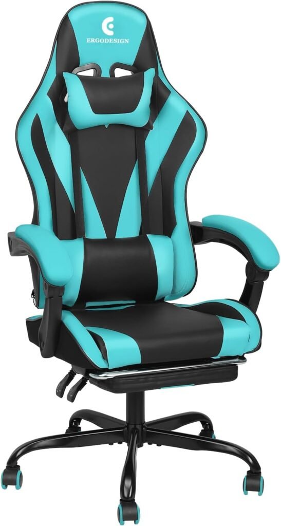 ErgoDesign Gaming Chair with Linkage Armrest  Footrest, High Back Video Gaming Chair, Black/Light Blue