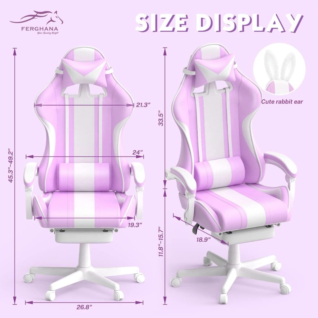 FERGHANA Kawaii Light Blue Gaming Chair with Bunny Ears, Ergonomic Cute Gamer Chair with Footrest and Massage, Racing Reclining Leather Office Computer Game Chair 250lbs for Girls Adults Teens Kids