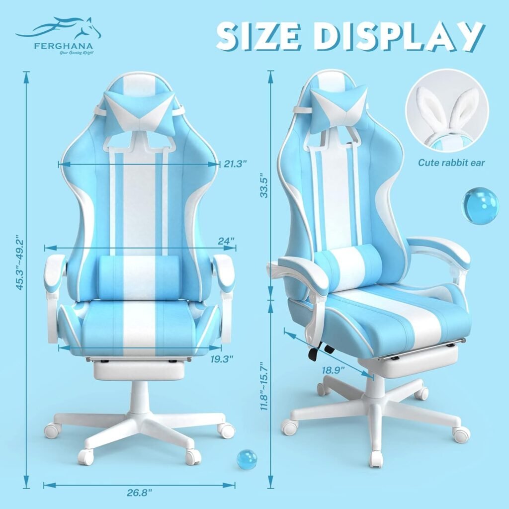 FERGHANA Kawaii Light Blue Gaming Chair with Bunny Ears, Ergonomic Cute Gamer Chair with Footrest and Massage, Racing Reclining Leather Office Computer Game Chair 250lbs for Girls Adults Teens Kids