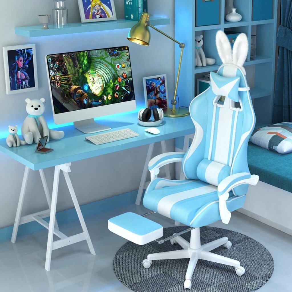 FERGHANA Kawaii Light Blue Gaming Chair with Bunny Ears, Ergonomic Cute Gamer Chair with Footrest and Massage, Racing Reclining Leather Office Computer Game Chair 250lbs for Girls Adults Teens Kids