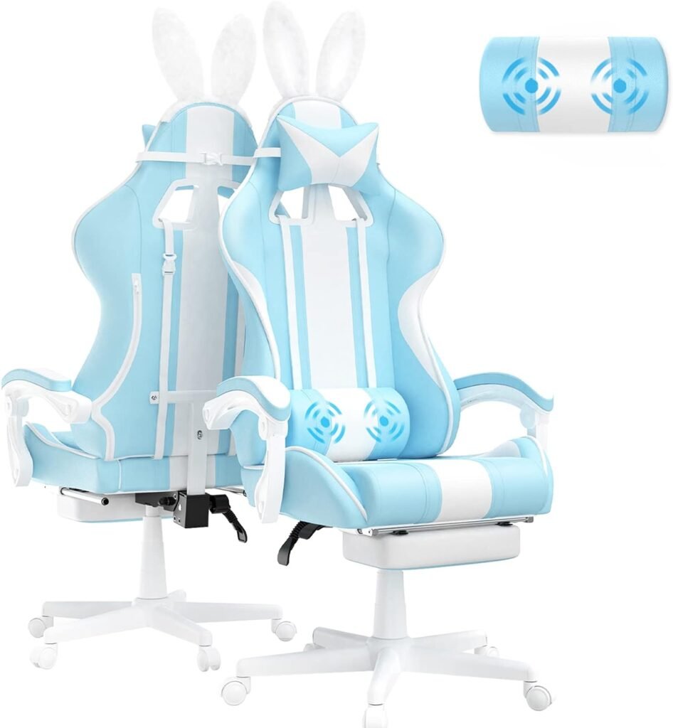 FERGHANA Kawaii Light Blue Gaming Chair with Bunny Ears, Ergonomic Cute Gamer Chair with Footrest and Massage, Racing Reclining Leather Office Computer Game Chair 250lbs for Girls Adults Teens Kids