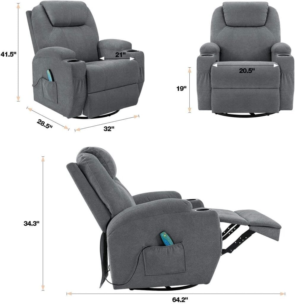 Flamaker Rocking Chair Recliner Chair with Massage and Heating Swivel Ergonomic Lounge Chair Classic Single Sofa with 2 Cup Holders Side Pockets Living Room Chair Home Theater Seat (Gray)
