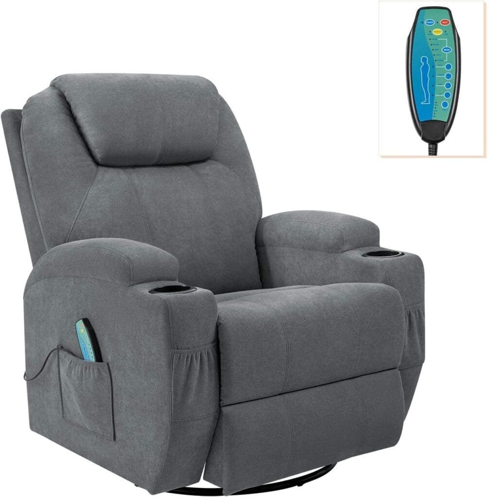 Flamaker Rocking Chair Recliner Chair with Massage and Heating Swivel Ergonomic Lounge Chair Classic Single Sofa with 2 Cup Holders Side Pockets Living Room Chair Home Theater Seat (Gray)