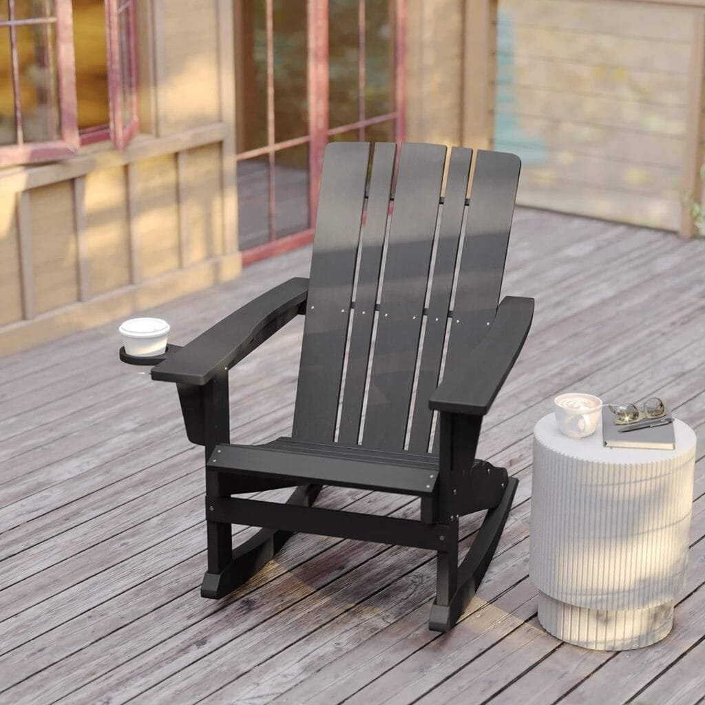 Flash Furniture Halifax Adirondack Rocking Chair with Cup Holder, Weather Resistant Poly Resin Adirondack Rocking Chair, Gray