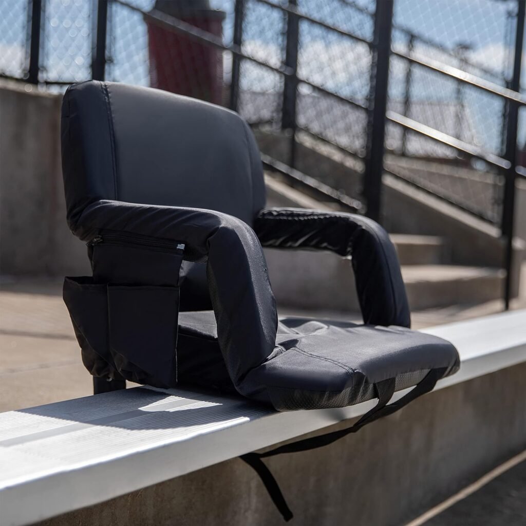 Flash Furniture Malta Portable Lightweight Reclining Stadium Chair - Black Padded Armrests, Back, Seat - Dual Storage Pockets - Backpack Straps - Rear Zipper Pocket