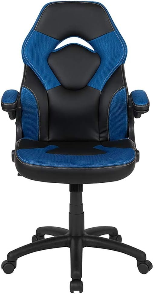 Flash Furniture X10 Gaming , Racing Office Ergonomic Computer PC Adjustable Swivel Chair with Flip-up Arms, Blue/Black LeatherSoft