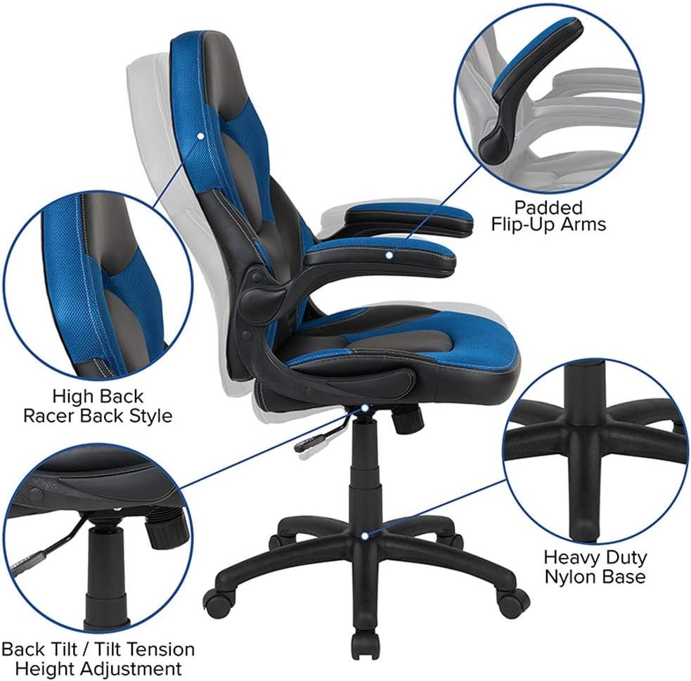 Flash Furniture X10 Gaming , Racing Office Ergonomic Computer PC Adjustable Swivel Chair with Flip-up Arms, Blue/Black LeatherSoft