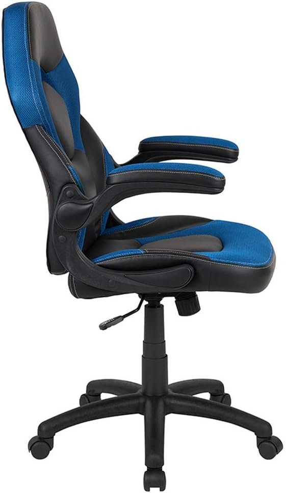 Flash Furniture X10 Gaming , Racing Office Ergonomic Computer PC Adjustable Swivel Chair with Flip-up Arms, Blue/Black LeatherSoft