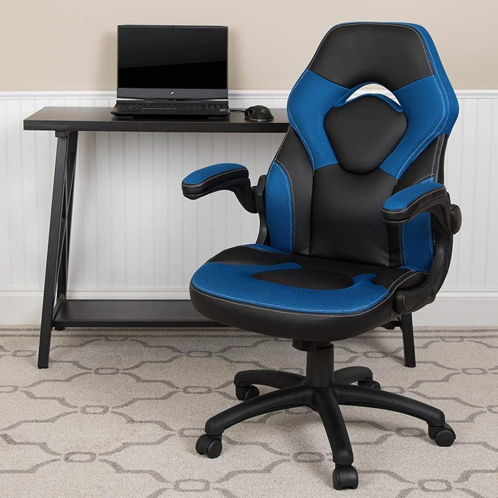 Flash Furniture X10 Gaming , Racing Office Ergonomic Computer PC Adjustable Swivel Chair with Flip-up Arms, Blue/Black LeatherSoft