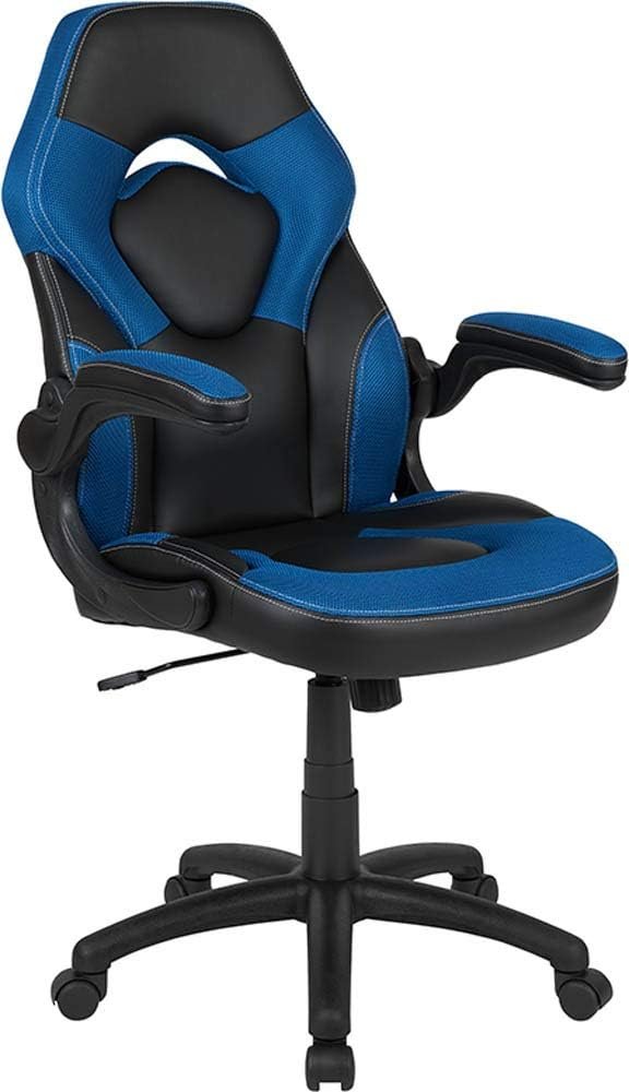 Flash Furniture X10 Gaming , Racing Office Ergonomic Computer PC Adjustable Swivel Chair with Flip-up Arms, Blue/Black LeatherSoft