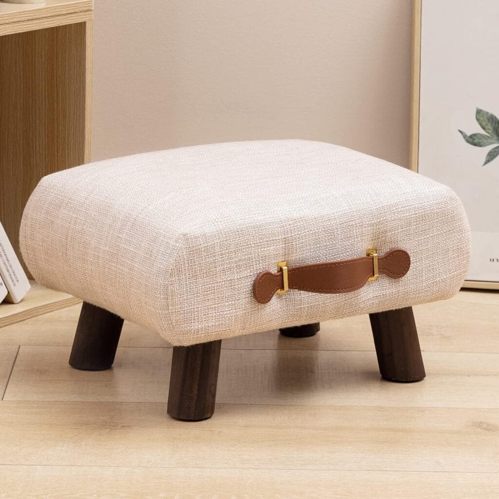 Foot Stool with Handle, Beige Footstool Elegant Small Foot Stool Rest with Wooden Legs, 9H, Rectangle Fabric Foot Stools for Adults with Waterfall Edge, Ottoman for Living Room, Desk, Bedroom, Couch