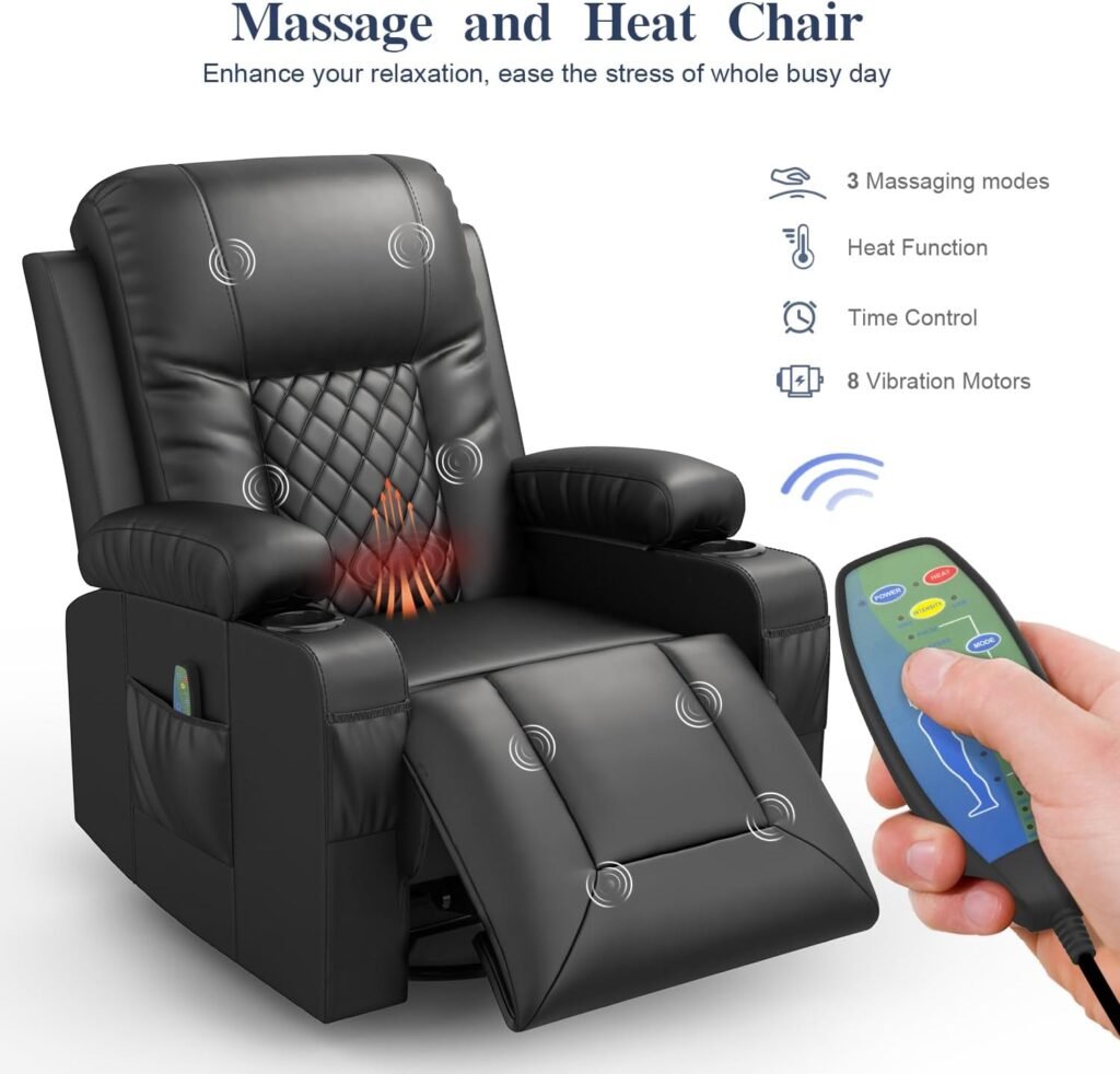 FURNIMAT Recliner Chairs for Adults, Massage Rocker with Heated Modern Ergonomic Lounge 360 Degree Swivel Single Sofa Seat Living Room Lounge Recliners Black