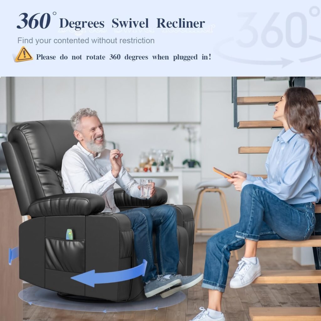 FURNIMAT Recliner Chairs for Adults, Massage Rocker with Heated Modern Ergonomic Lounge 360 Degree Swivel Single Sofa Seat Living Room Lounge Recliners Black