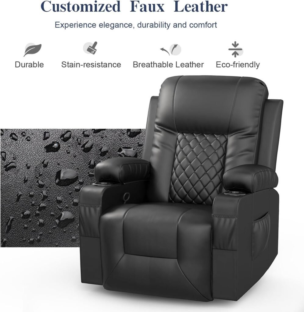 FURNIMAT Recliner Chairs for Adults, Massage Rocker with Heated Modern Ergonomic Lounge 360 Degree Swivel Single Sofa Seat Living Room Lounge Recliners Black