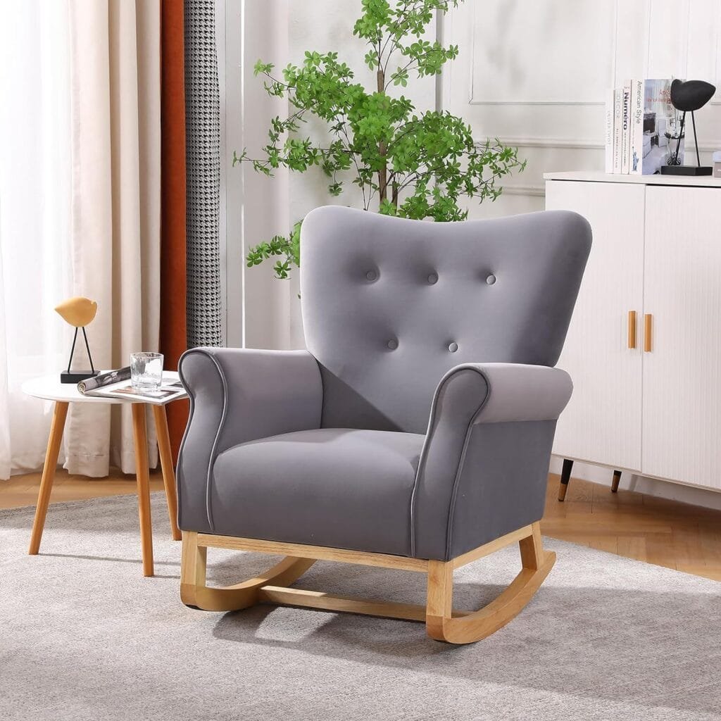 FurniTribe Nursery Rocking Chairs, Upholstered Wooden Rocker Glider with Comfy Armrest, Accent Nursing Rocking Chair with Solid Wood Legs for Mom and Baby (Gray)