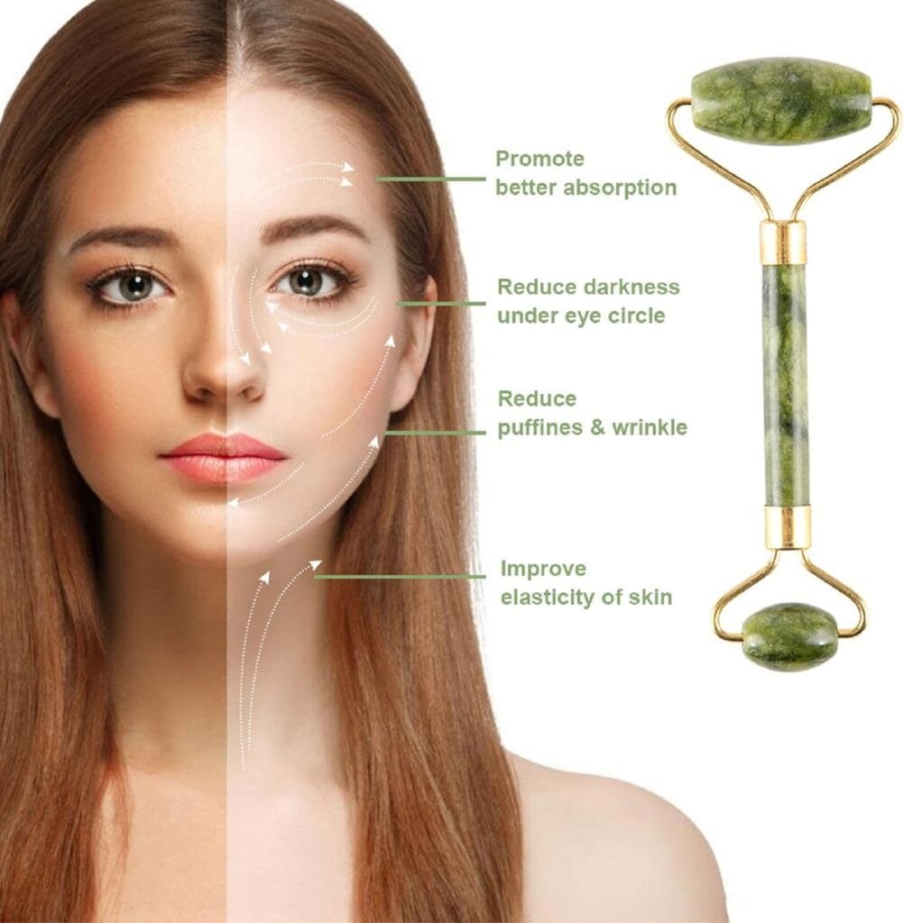 fuvooi Jade Roller Gua Sha Set,Jade Roller Facial Roller,Face Roller Massager, Face Massager Roller, Skin Care Tools (5 in 1)