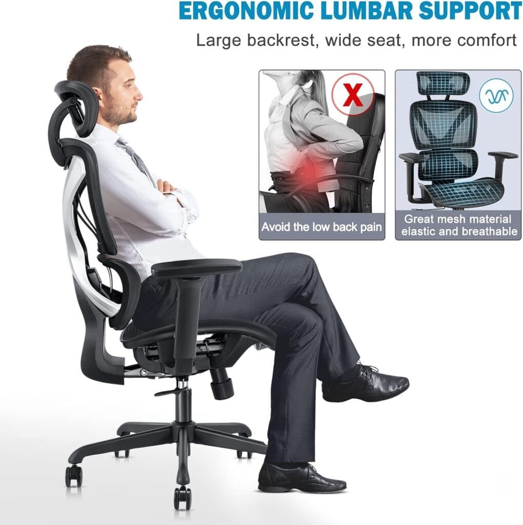 GABRYLLY Ergonomic Office Chair with Lumbar Support, Big and Tall Mesh Chairs with Adjustable 3D Arms, Headrest  Soft Seat, Large Desk Chair for Home Gaming,Black
