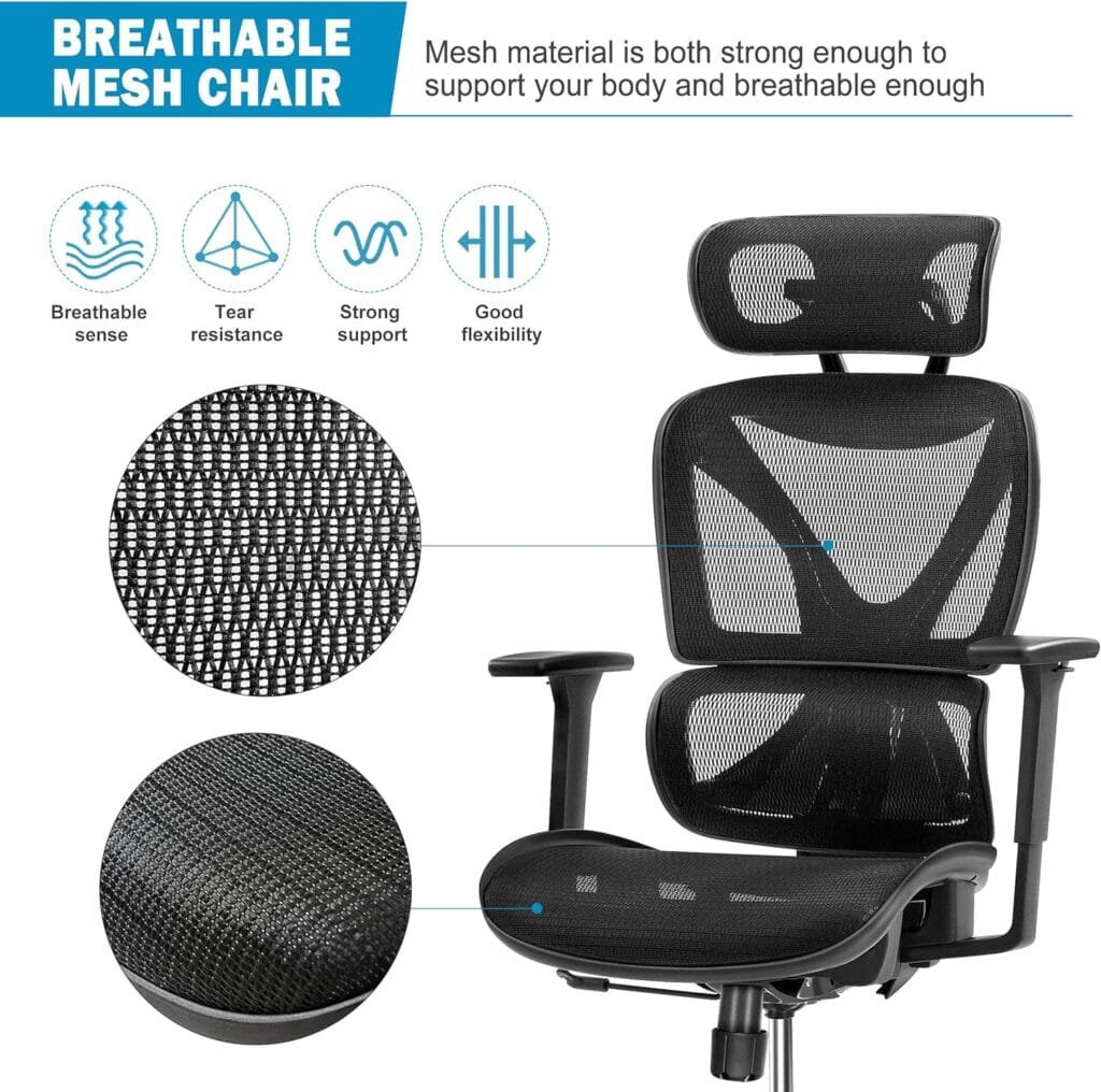 GABRYLLY Ergonomic Office Chair with Lumbar Support, Big and Tall Mesh Chairs with Adjustable 3D Arms, Headrest  Soft Seat, Large Desk Chair for Home Gaming,Black