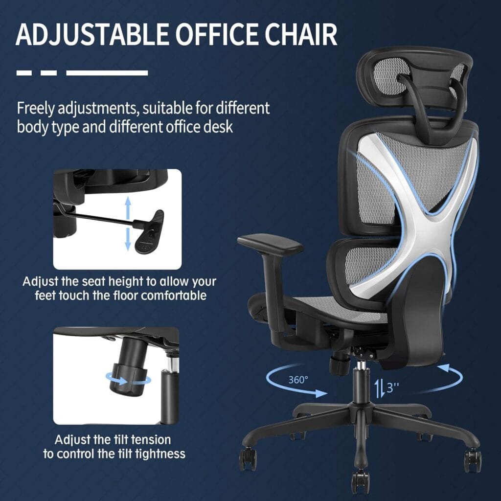 GABRYLLY Ergonomic Office Chair with Lumbar Support, Big and Tall Mesh Chairs with Adjustable 3D Arms, Headrest  Soft Seat, Large Desk Chair for Home Gaming,Black