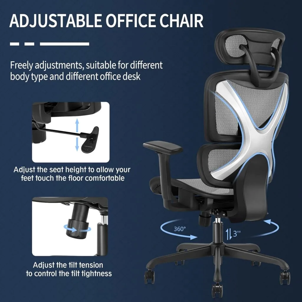 GABRYLLY Ergonomic Office Chair with Lumbar Support, Big and Tall Mesh Chairs with Adjustable 3D Arms, Headrest  Soft Seat, Large Desk Chair for Home Gaming,Black