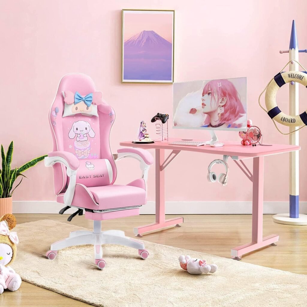 Gaming Chair Cartoon Characters Gaming Chair Girls Cute Computer Armchair Office Home Swivel Lifting Adjustable Chair with Footrest Pink